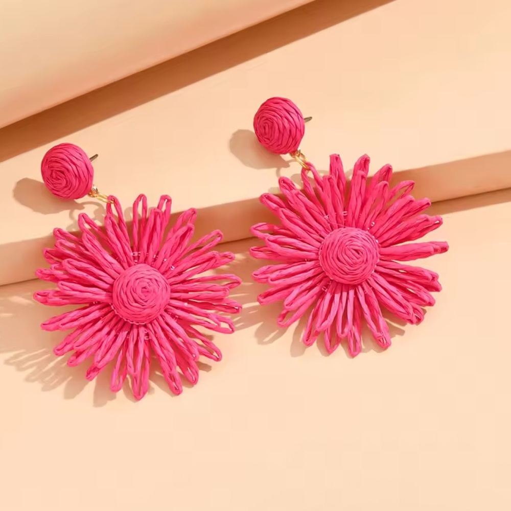 Pink Sunflower Earrings Boho Rattan Knit Handmade Summer Statement Earrings